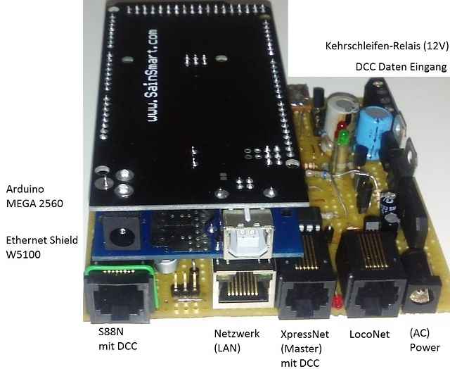 Modellbahn DCC Zentrale mit Netzwerk, XpressNet und LocoNet Anschluss.